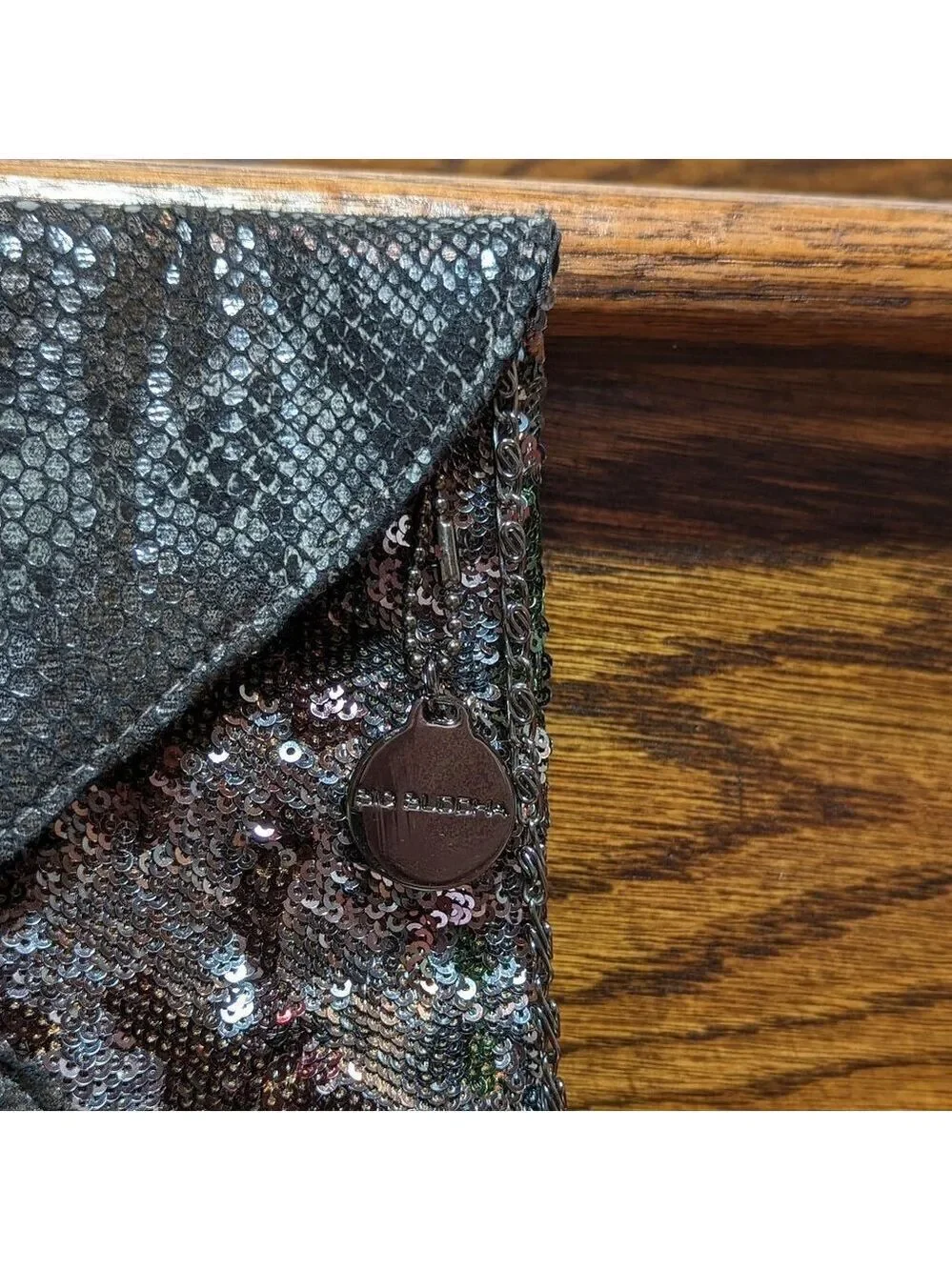 Big Buddha Gunmetal Snakeskin and Sequin Envelope Clutch EUC